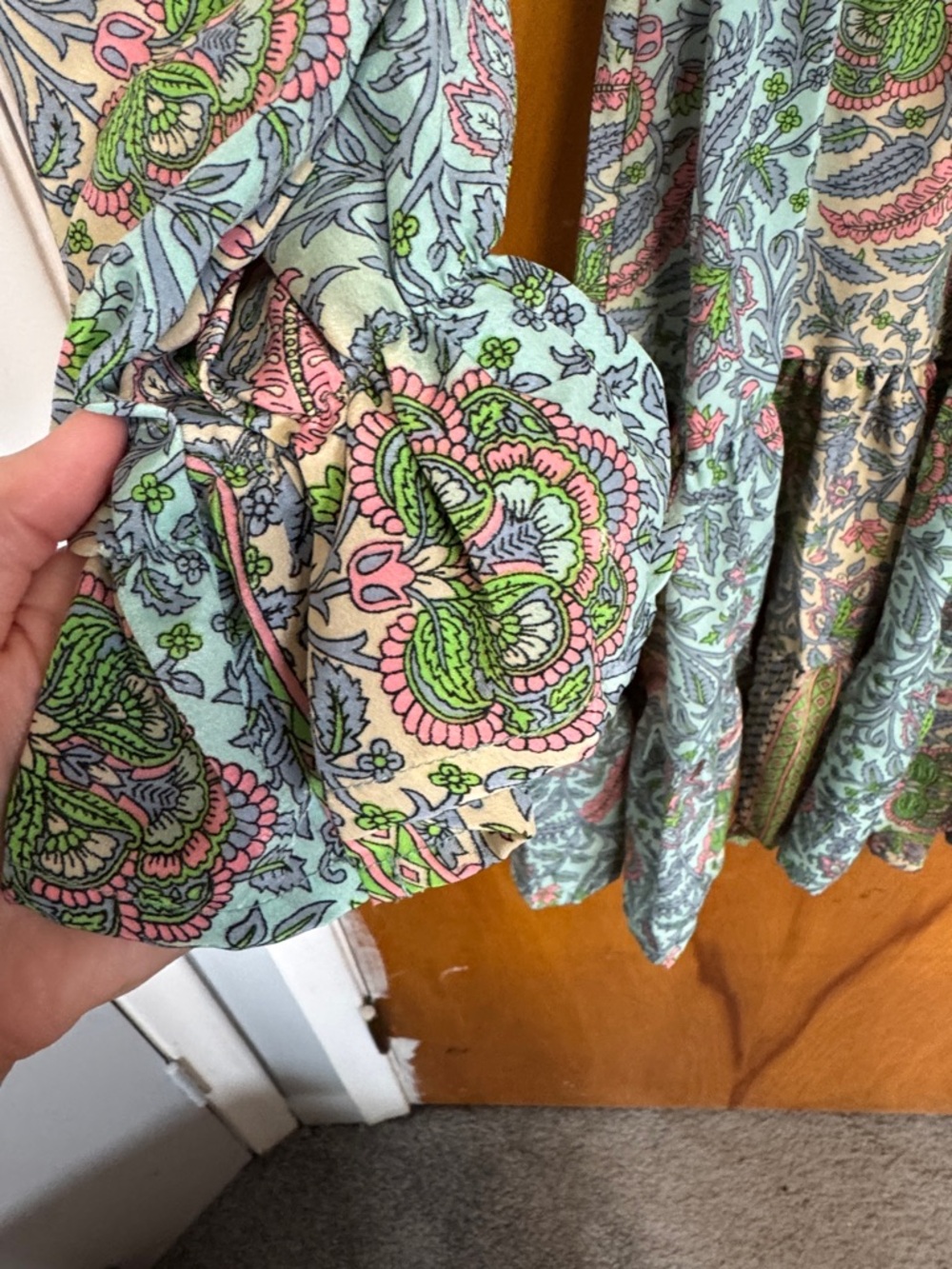 Boho Paisley Tie-Waist Long Sleeve Dress - Green Multi - Picture 6 of 10